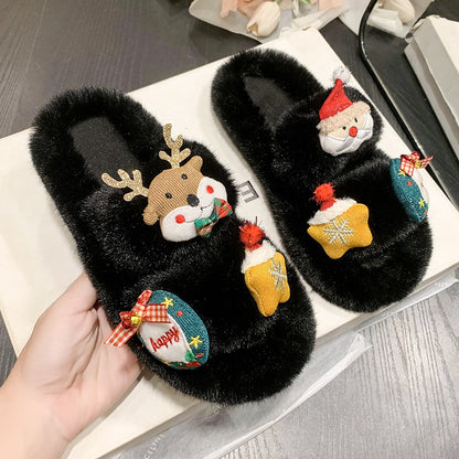 Women's Suede Cute Christmas Cartoon Cotton Slippers