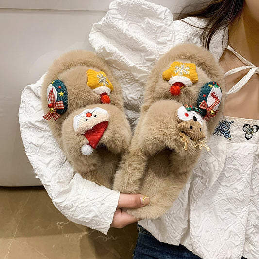 Women's Suede Cute Christmas Cartoon Cotton Slippers